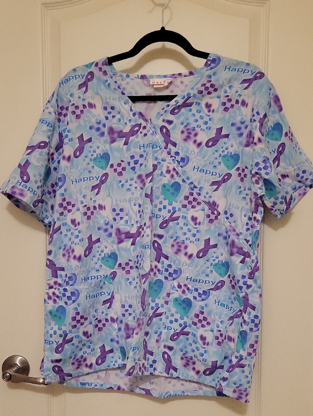 Unbranded  Purple & Teal Ribbon Print Scrub Top
